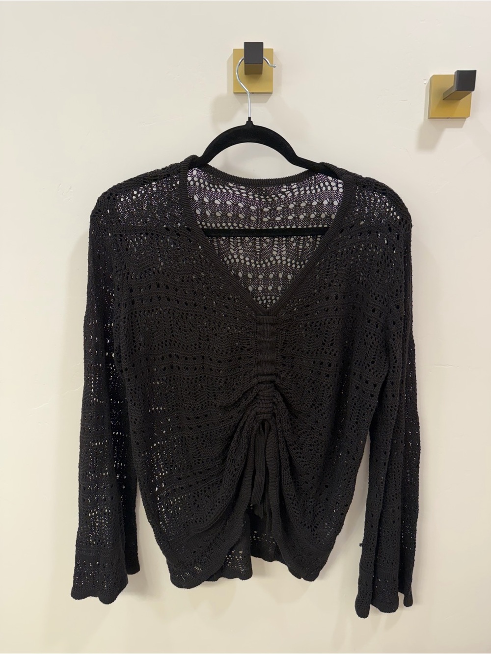 Black V-Neck Crochet Adjustable Drawstring Sweater Top One Size
